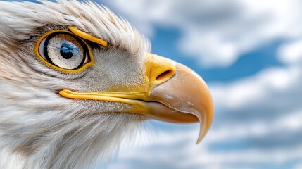 Wall Mural -  A close up of an eagle's head with a cloudy sky in the background