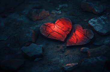 Poster - Two glowing, cracked wooden hearts on dark rocky ground.