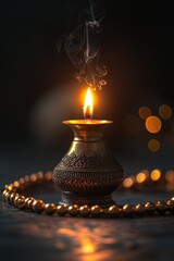 Poster - Golden ornate lamp burning, with beaded circle.