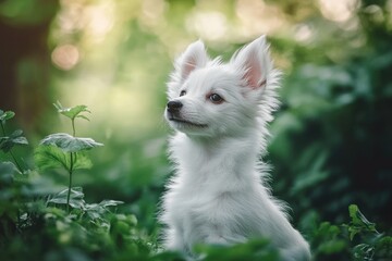 Poster - White puppy sits among green foliage, looking up.