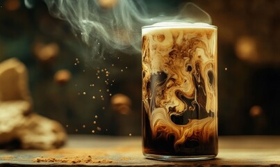 Poster - Steaming dark coffee with swirling cream in glass.
