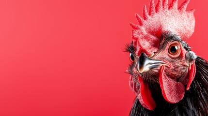 Wall Mural -  A close up of a rooster's head on a red background