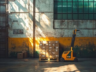 Poster - Forklift near stacked boxes inside a warehouse.