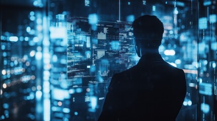 Fototapete - Man looks at digital data on glass wall at night.