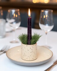 Wall Mural - A decorative candle centerpiece with greenery on a dining table.