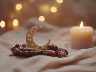 Poster - Crescent moon, dates, candle on cloth.