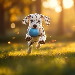 Poster - Dalmatian puppy playing with blue ball.