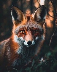 Aufkleber - Fox portrait with orange fur, dark eyes, forest setting, bokeh background.