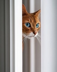 Poster - Ginger cat with bright blue eyes peeking through white blinds.