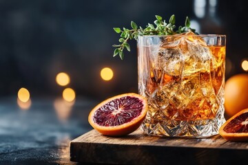 Poster - Whiskey drink with ice, thyme, blood orange slices on wood board.