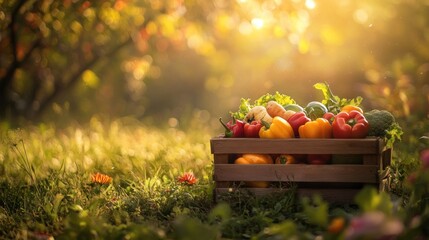Poster - Vegetables in a crate, bright sunshine garden.