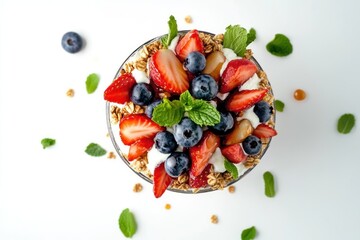 Poster - Top view, granola bowl, yogurt, strawberries, blueberries, and mint.