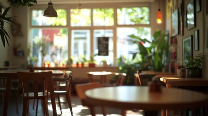 Aufkleber - Blurred interior of a cafe with tables and chairs.