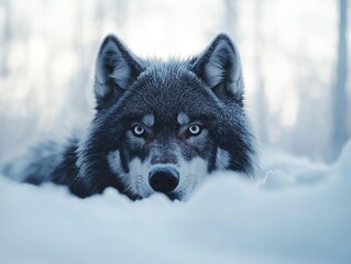 Aufkleber - Close-up of a wolf resting in snowy woods.