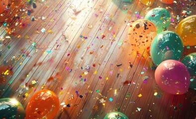 Aufkleber - Confetti and balloons scattered on wooden floor.