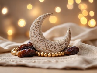 Aufkleber - Crescent moon with dates, and beads on cloth with bokeh.