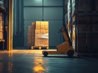 Poster - Warehouse with stacked boxes and forklift.
