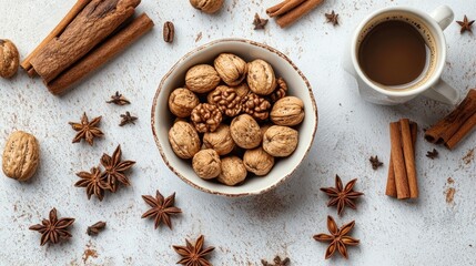 Poster - Flat lay of nuts, spices and coffee on white.