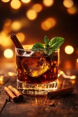 Poster - Dark drink with ice, mint, cinnamon.