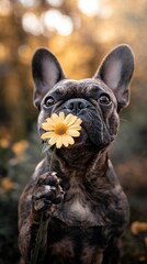 Poster - Brindle dog holds yellow flower in blurred, autumnal setting.