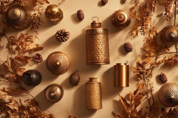 Aufkleber - Metallic lamps, dried leaves, pinecones, figs on beige background.