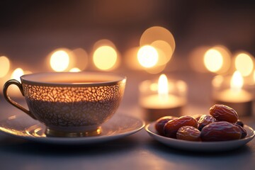 Aufkleber - Cup of tea and dates with bokeh lights.