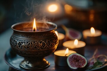 Poster - Lit decorative candle and small votives.