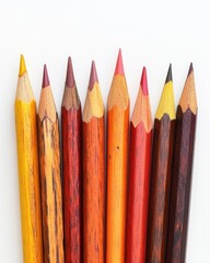 Poster - Set of wooden colored pencils in warm hues, isolated on white.