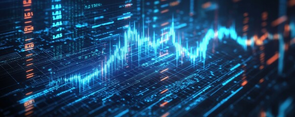 Aufkleber - Abstract background with blue glowing arrows up and down, concept of business growth or stock market movement on a digital platform technology background
