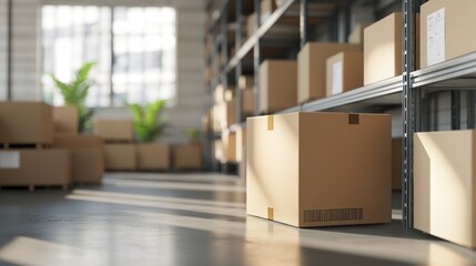 Poster - Warehouse shelves filled with cardboard boxes, plant, and large window.