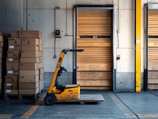 Poster - Yellow forklift beside stacked cardboard boxes in a warehouse.
