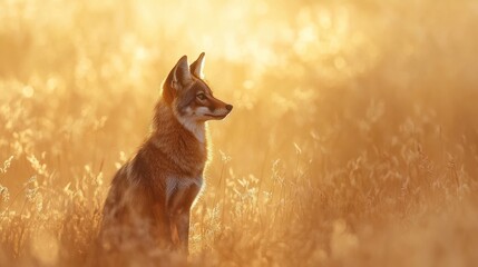 Aufkleber - Coyote sits in a golden field with sunlight.