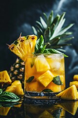 Poster - Glass of pineapple cocktail with basil and fruit pieces.