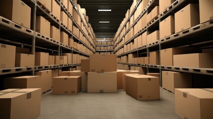 Poster - Warehouse with cardboard boxes stacked on shelves and on the floor.