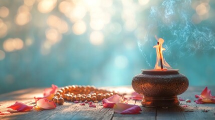 Aufkleber - Lit candle with beads and rose petals on wood.