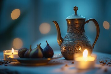 Poster - Still life of figs, a pot, candles on a table.