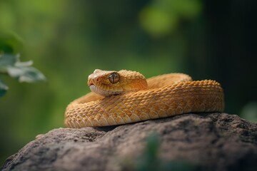 Poster - Golden snake coiled atop rock.