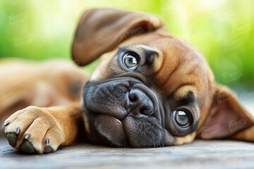 Poster - Brown puppy with big eyes lays on surface, looking up.