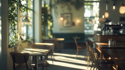 Aufkleber - Blurred cafe interior with light from windows.