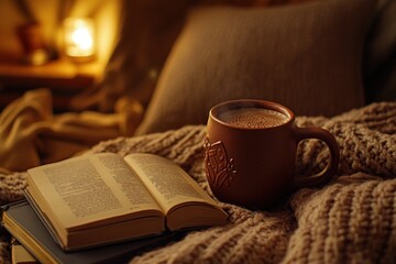 Poster - Cozy scene with hot drink, open book, and soft blanket.