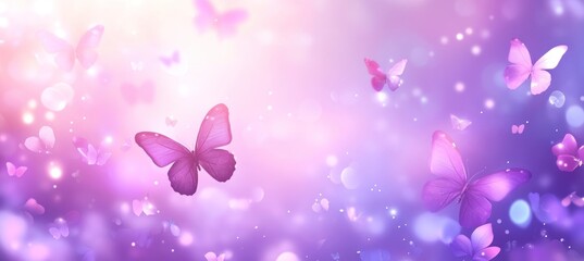 Aufkleber - Purple butterflies float with soft bokeh background.
