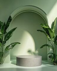 Aufkleber - Green archway background with plants and circular platform.