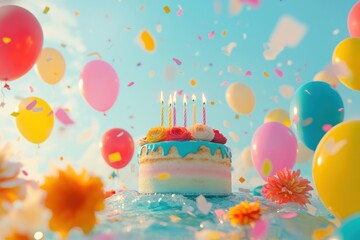 Poster - Birthday cake with balloons and confetti in sky.