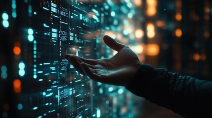 Aufkleber - Hand reaching towards glowing data.