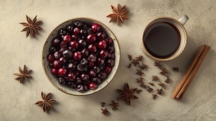 Poster - Berries, spices, and coffee in a flat lay.