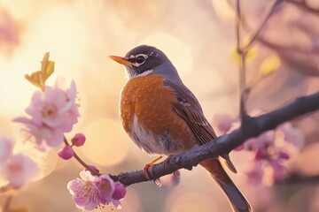 Aufkleber - Robin bird perched on branch with flowers, soft lighting.