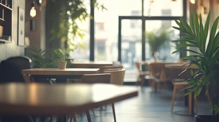 Poster - Indoor cafe with plants, tables, chairs, and natural light.