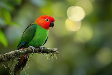 Aufkleber - Colorful parrot perched on mossy branch, bokeh forest background.