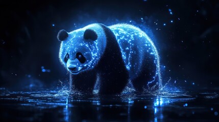 Poster - Glowing blue panda in water.