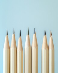 Poster - Seven pencils standing in a row against pale blue backdrop.